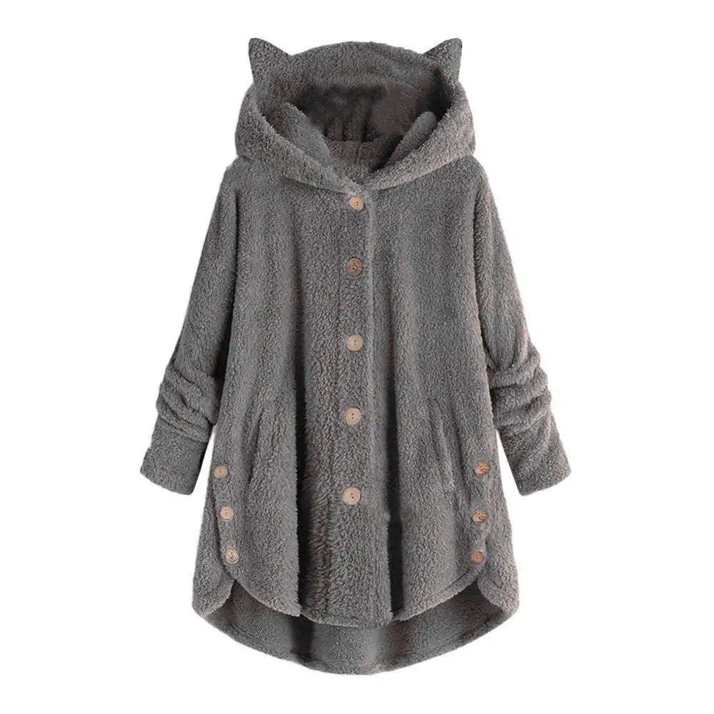 Schattige Dikke Pluche Vrouwen Hoodies Winter Bont Katten Oren Capuchon Onregelmatige Zoom Knoop Jack Fleece Hoodies Jas