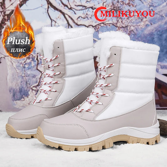 2024 Winter Dameslaarzen Merk Pluche Snowlaars Hoge Top Antislip Sneakers Vrouwen Warm Waterdicht Laars Mode Casual Katoenen Schoen