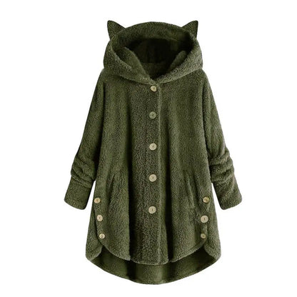 Schattige Dikke Pluche Vrouwen Hoodies Winter Bont Katten Oren Capuchon Onregelmatige Zoom Knoop Jack Fleece Hoodies Jas