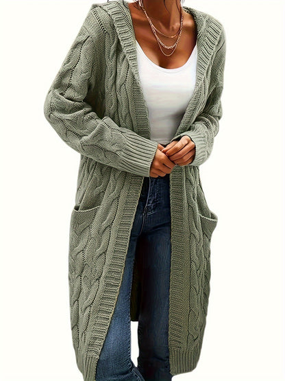 Solid Open Front Cable Knit Hooded Cardigan, Casual Long Sleeve Mid Length Sweater With Pocket, Women's Clothing