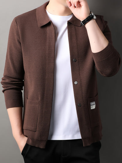 Men's Casual Solid Color Cardigan with Lapel Collar - Polyester Blend Knit Fabric, Long Sleeve, Regular Fit, Fall/Winter Jacket with Pockets