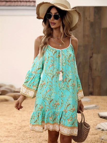 Floral Print Tie Cami Dress, Vacation Cold Shoulder Backless Contrast Trim Long Sleeve Spaghetti Strap Dress, Women's Clothing