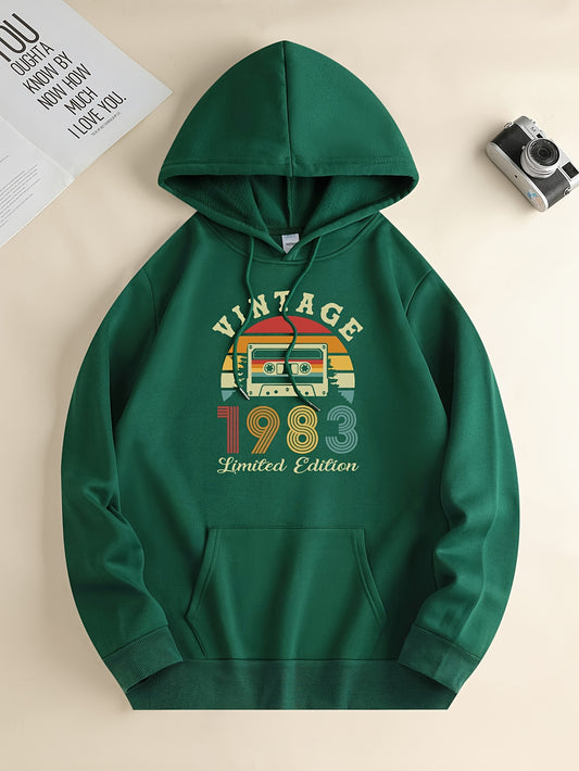 1983 Print Kangaroo Pocket Hoodie, Casual Long Sleeve Drawstring Hoodies Sweatshirt, Men's Clothing, For Fall Winter