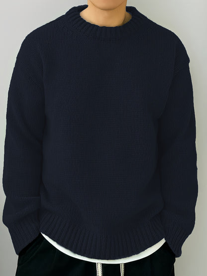 Men's Solid Knitted Pullover, Casual Long Sleeve Crew Neck Sweater For Fall Winter