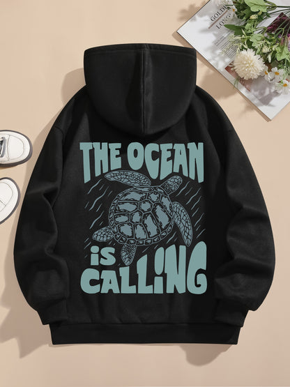 Turtle Print Hoodie, Drawstring Casual Hooded Sweatshirt For Winter & Fall, Women's Clothing