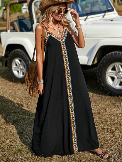 Color Block Spaghetti Strap Dress, Elegant Ethnic Style Sleeveless V Neck Backless Loose Maxi Dress For Spring & Summer, Women's Clothing