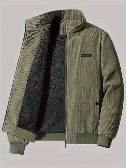 Men's Casual Corduroy Fabric Stand-up Collar Zipper Jacket With Pockets, Men's Chic Fleece-lined Bomber Jacket For Outwear