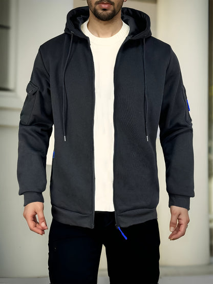 Men's Regular Fit Hoodie with Zip Pockets - Black, Polyester Blend, Long Sleeve, Casual Style