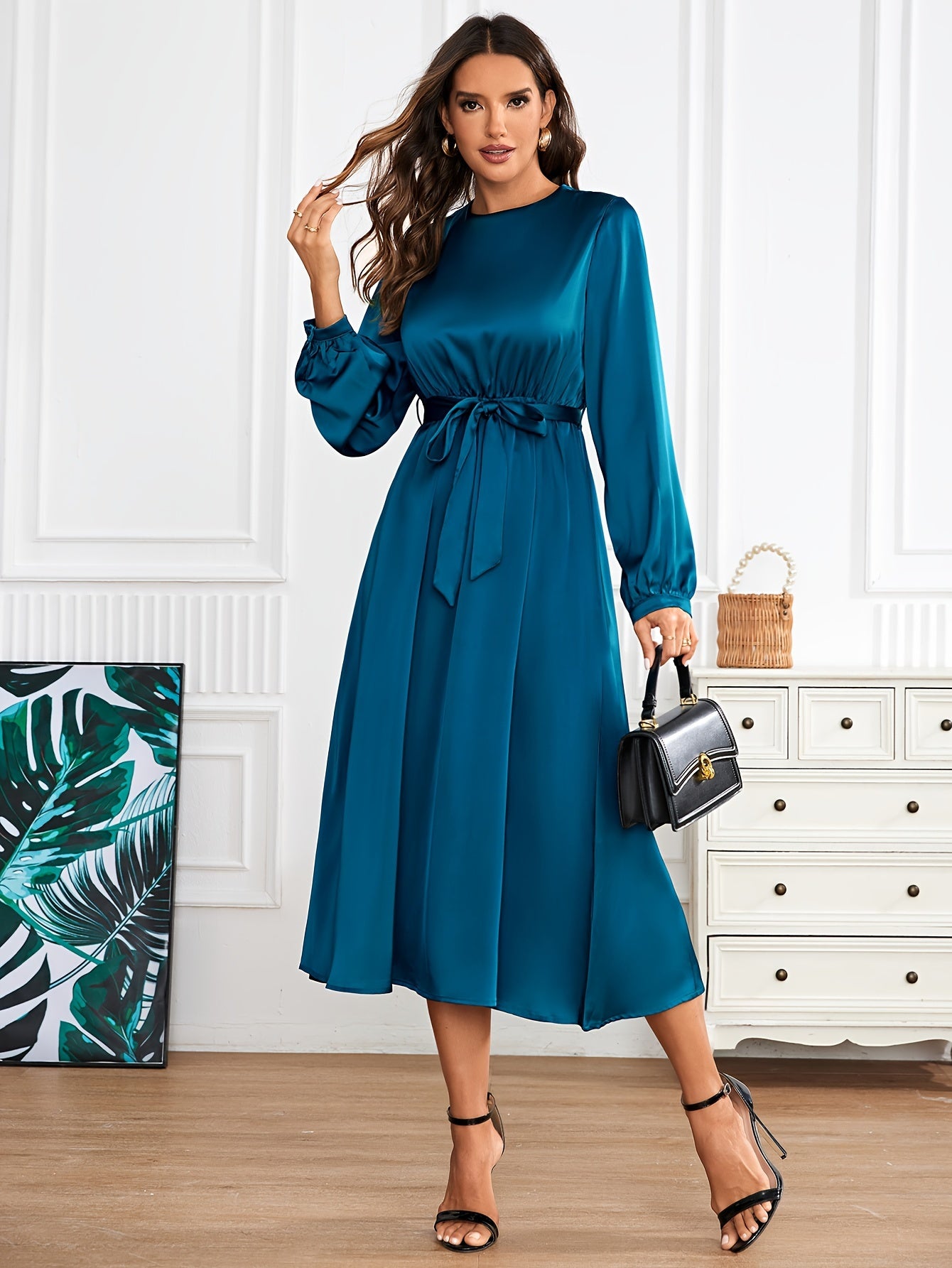 Satin Crew Neck Dress, Elegant Long Sleeve Tie Waist Aline Dress For