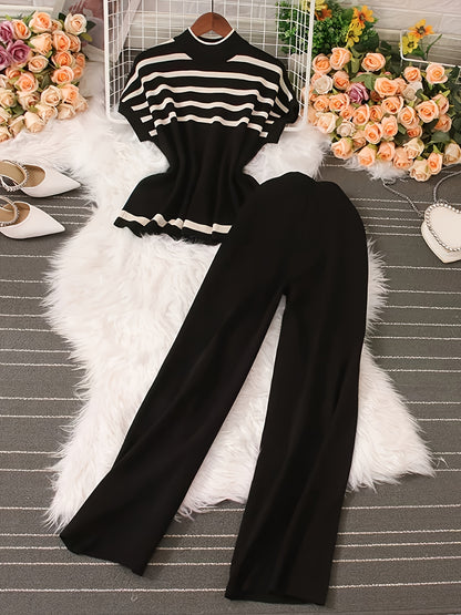 Striped Print Casual Pantsuit, Mock Neck Batwing Sleeve Top & Wide Leg Pants Outfits For Spring & Summer, Women's Clothing