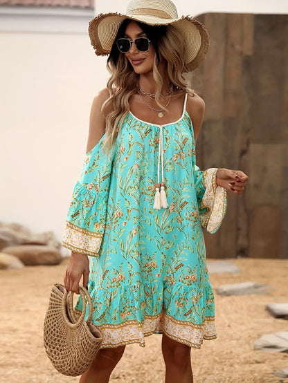 Floral Print Tie Cami Dress, Vacation Cold Shoulder Backless Contrast Trim Long Sleeve Spaghetti Strap Dress, Women's Clothing