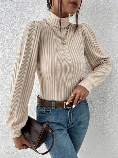 Solid Ribbed Turtleneck T-Shirt, Casual Long Sleeve Top For Spring & Fall, Women's Clothing