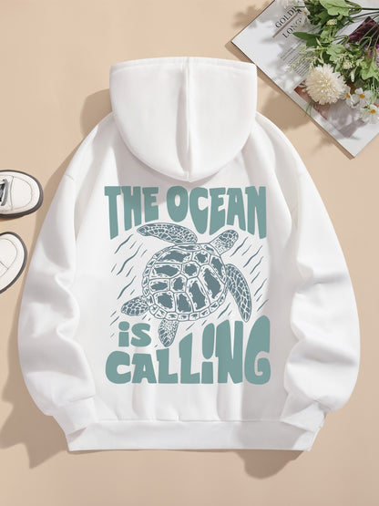 Turtle Print Hoodie, Drawstring Casual Hooded Sweatshirt For Winter & Fall, Women's Clothing