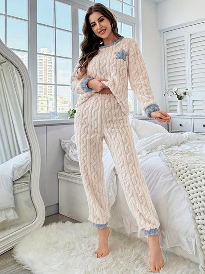 Women's Star Pattern Jacquard Fleece Thick Casual Pajama Set, Long Sleeve Round Neck Top & Pants, Comfortable Relaxed Fit For Fall & Winter