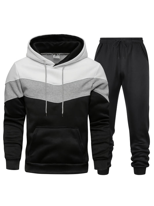 2-piece Color Block Men's Athletic Tracksuit Set, Casual Long Sleeve Hoodie With Drawstring And Jogging Pants Set For Workout Running And Casual Daily Wear