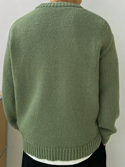 Men's Solid Knitted Pullover, Casual Long Sleeve Crew Neck Sweater For Fall Winter