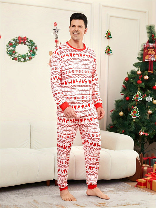 2 Pcs Men's Christmas Deer Snowflake Print Round Neck Long Sleeve & Trousers Pajama Set, Comfortable & Skin-friendly Style Pajamas For Men's Cozy Loungewear