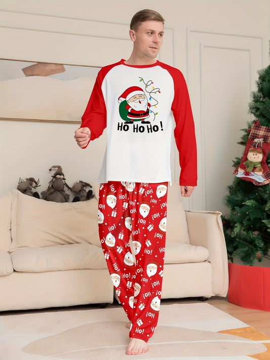 2 Pcs Men's Christmas Cute Santa Claus Gift Print Round Neck Long Sleeve & Trousers Pajama Set, Comfortable & Skin-friendly Style Pajamas For Men's Cozy Loungewear