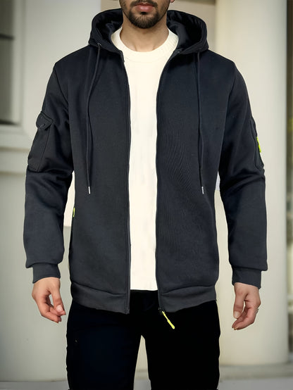 Men's Regular Fit Hoodie with Zip Pockets - Black, Polyester Blend, Long Sleeve, Casual Style