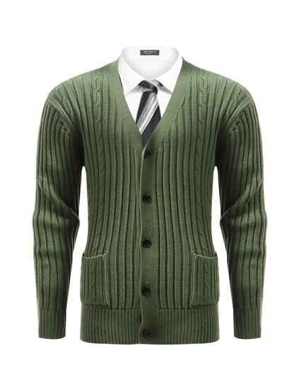 Men's Solid Color Textured Knit Cardigan, Casual Trendy Long Sleeve Knitted Coat As Gift