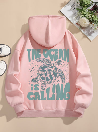 Turtle Print Hoodie, Drawstring Casual Hooded Sweatshirt For Winter & Fall, Women's Clothing