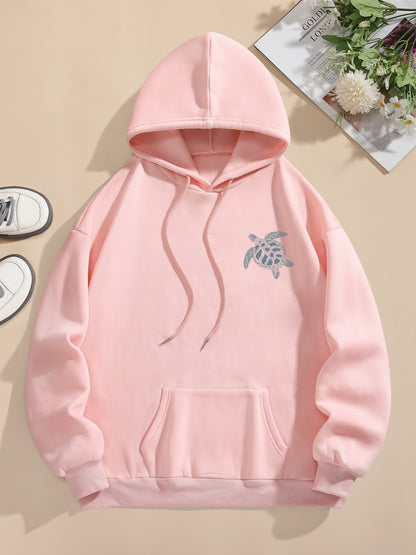 Turtle Print Hoodie, Drawstring Casual Hooded Sweatshirt For Winter & Fall, Women's Clothing