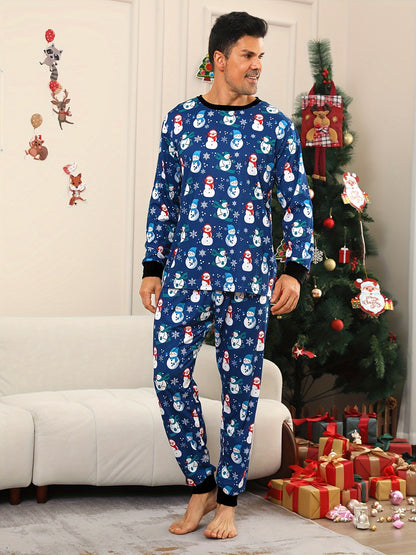 Men's Cozy Christmas Pajama Set with Fun Snowman Design - Round Neck, Long Sleeve Top & Pants, Soft Polyester Blend, Machine Washable