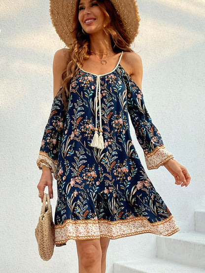 Floral Print Tie Cami Dress, Vacation Cold Shoulder Backless Contrast Trim Long Sleeve Spaghetti Strap Dress, Women's Clothing