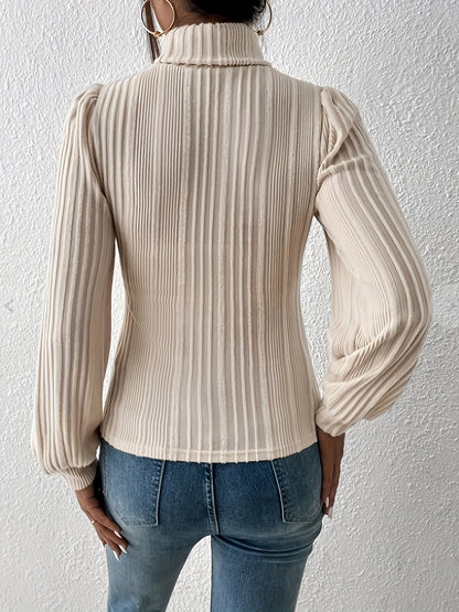 Solid Ribbed Turtleneck T-Shirt, Casual Long Sleeve Top For Spring & Fall, Women's Clothing