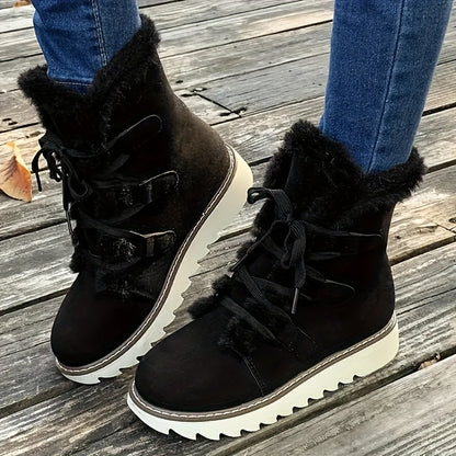 Women's Solid Color Fluffy Boots, Lace Up Platform Soft Sole Plush Lined Winter Boots, Non-slip Round Toe Mid-calf Snow Boots