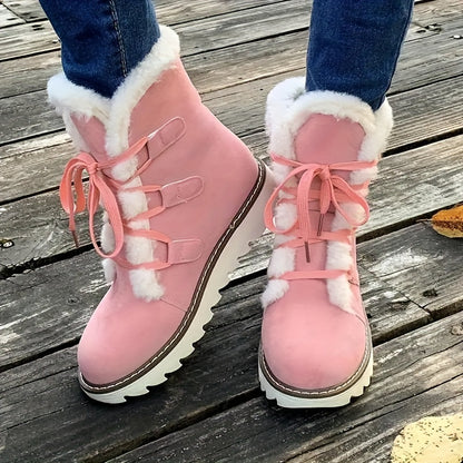 Women's Solid Color Fluffy Boots, Lace Up Platform Soft Sole Plush Lined Winter Boots, Non-slip Round Toe Mid-calf Snow Boots